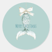 Coastal Christmas Mermaid Bow Blue Beach Ocean Ronde Sticker (Voorkant)