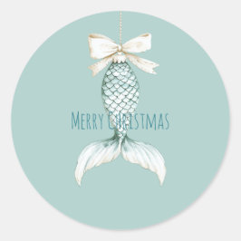 Coastal Christmas Mermaid Bow Blue Beach Ocean   Ronde Sticker