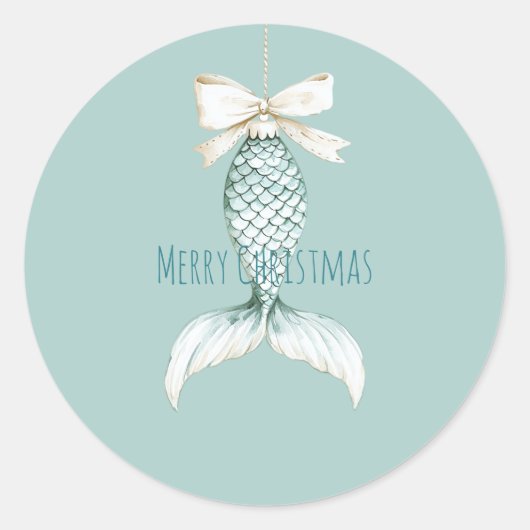 Coastal Christmas Mermaid Bow Blue Beach Ocean Ronde Sticker (Voorkant)