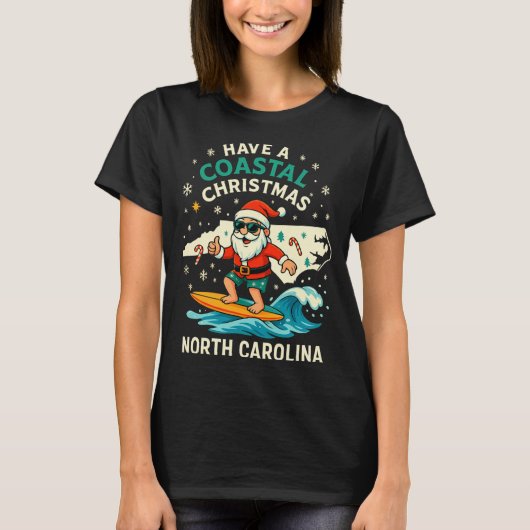 Coastal Christmas Nc Shirt Santa Surfing Funny Wav (Voorkant)