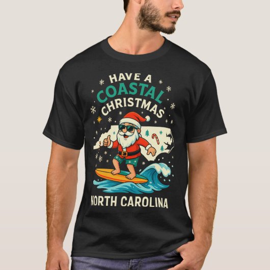 Coastal Christmas Nc Shirt Santa Surfing Funny Wav (Voorkant)
