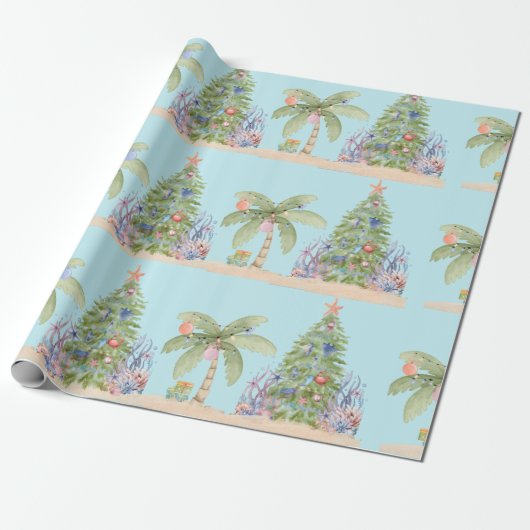 Coastal Christmas Palm Tree Gift Wrap – Ocean Holi Cadeaupapier (Uitgerold)