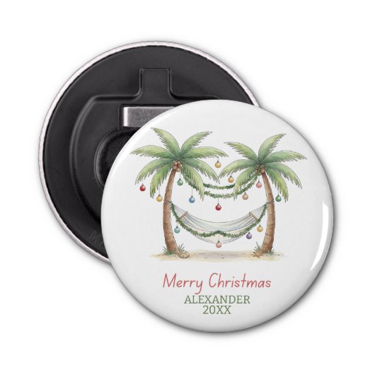 Coastal Christmas Palm Trees With Hammock Button Flesopener (Voorkant)
