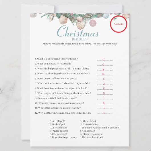 Coastal Christmas Riddles spel Antwoordkaart Feestdagenkaart (Voorkant)
