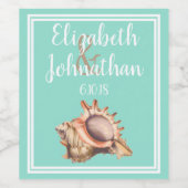 Coastal Conch Seashell & Zee Glas Groene Bruiloft Wijn Etiket (Enkel label)