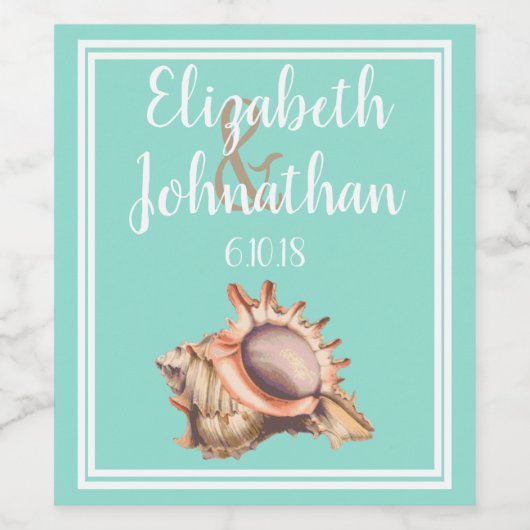Coastal Conch Seashell & Zee Glas Groene Bruiloft Wijn Etiket (Enkel label)