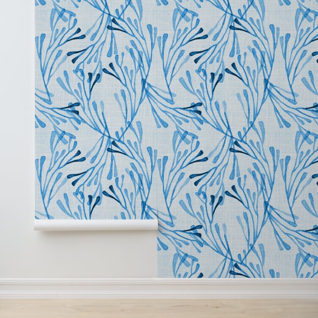 Coastal Coral and Seaweed in Cornflower Blue Behang (Applicatie)