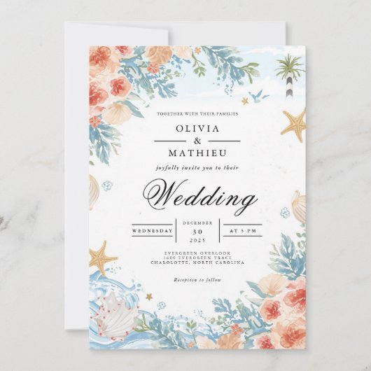 Coastal Coral Botanical Arch Wedding Kaart (Voorkant)