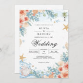 Coastal Coral Botanical Arch Wedding Kaart (Voorkant / Achterkant)