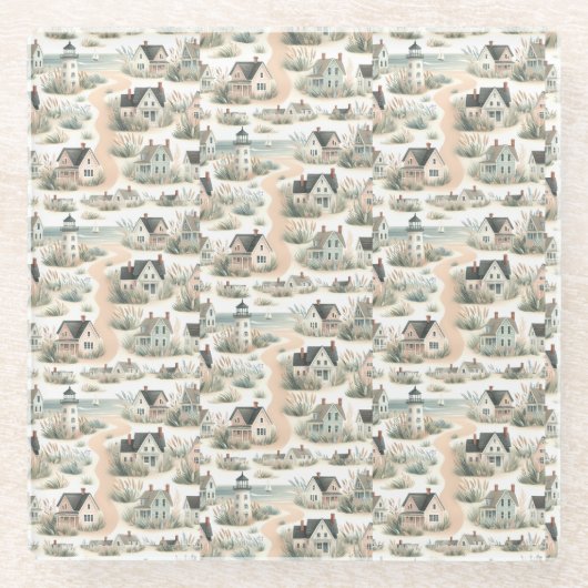 Coastal Cottage Lighthouse Pattern Glazen Onderzetter (Voorkant)
