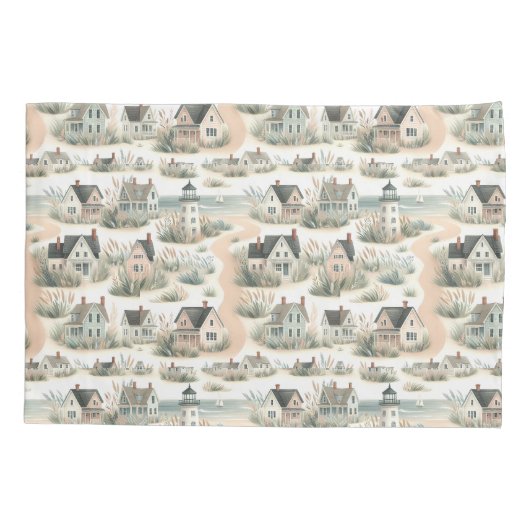 Coastal Cottage Lighthouse Pattern Kussensloop (Achterkant-Links)
