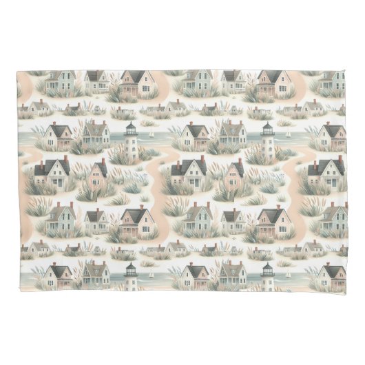 Coastal Cottage Lighthouse Pattern Kussensloop (Voorkant-Links)