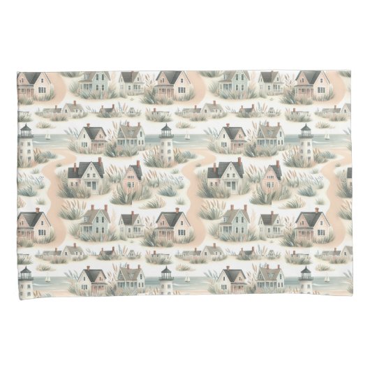 Coastal Cottage Lighthouse Pattern Kussensloop (Voorkant-Rechts)