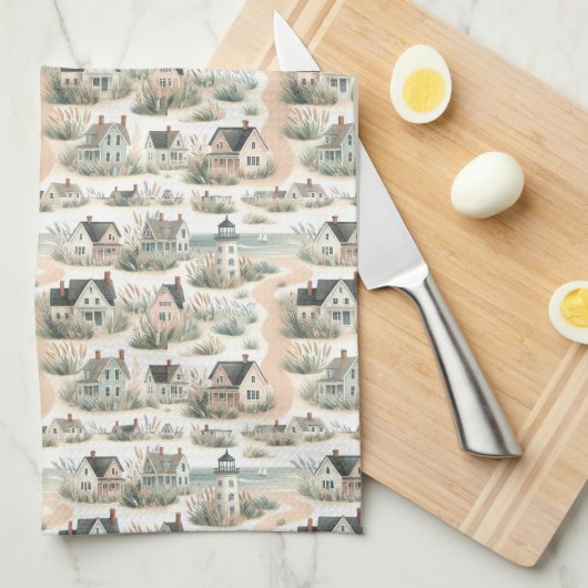 Coastal Cottage Lighthouse Pattern Theedoek (Quarter Fold)