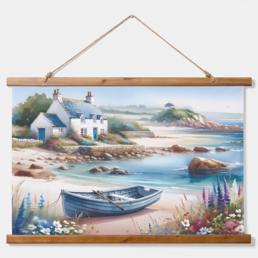 Coastal Cottage Seaside Rowboat Bloom Hangend Wandkleed (Voorkant)