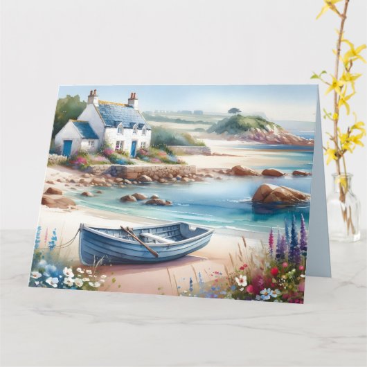 Coastal Cottage Seaside Rowboat Bloom Kaart (Gele Bloem)