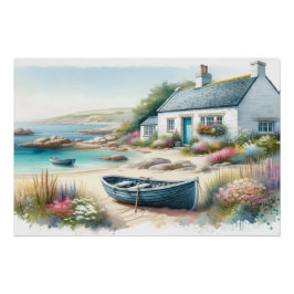 Coastal Cottage Watercolor Seaside Scene Perfect Poster