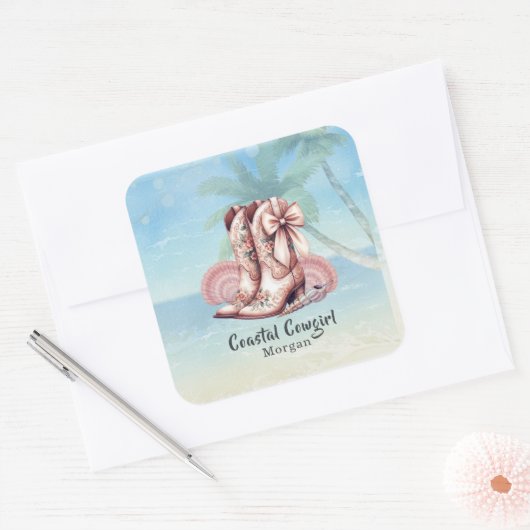 Coastal Cowgirl Beach Western Bloemen Laarzen Stic Vierkante Sticker (Envelop)