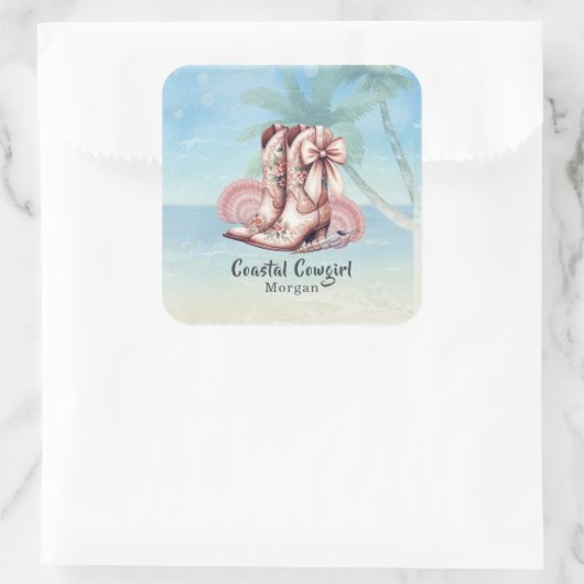 Coastal Cowgirl Beach Western Bloemen Laarzen Stic Vierkante Sticker (Tas)
