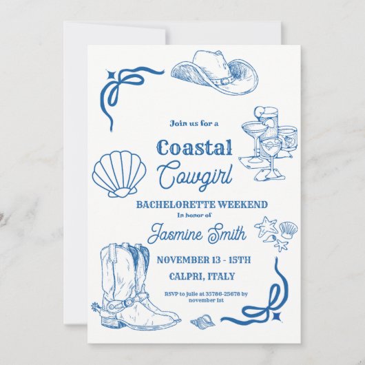Coastal Cowgirl Blauw Hand Geschreven Bachelorette Kaart (Voorkant)