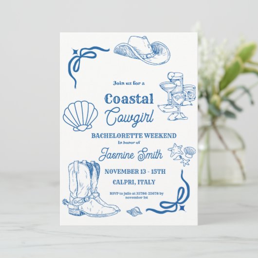 Coastal Cowgirl Blauw Hand Geschreven Bachelorette Kaart (Staand voorkant)