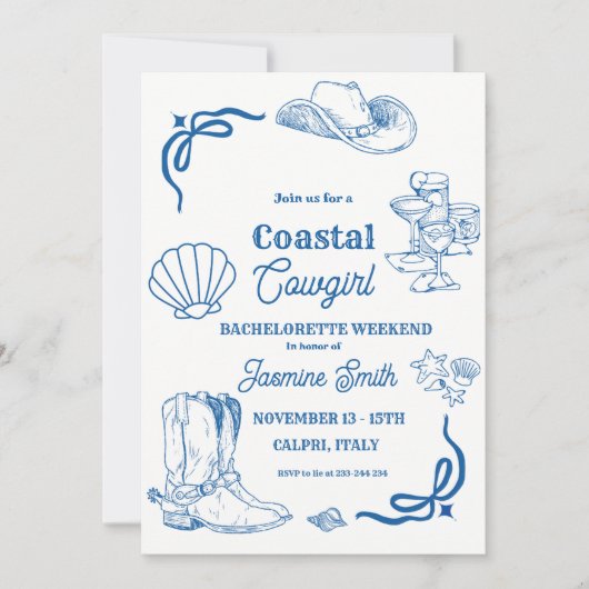Coastal Cowgirl Blauw Hand Geschreven Bachelorette Kaart (Voorkant)