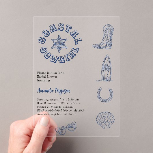 Coastal Cowgirl blauw strand helder Vrijgezellenfe Acryl Uitnodigingen (Insitu (Draagbaar))