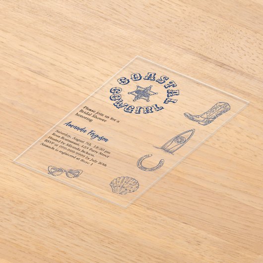 Coastal Cowgirl blauw strand helder Vrijgezellenfe Acryl Uitnodigingen (Laagn)