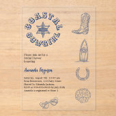 Coastal Cowgirl blauw strand helder Vrijgezellenfe Acryl Uitnodigingen (Voorkant)