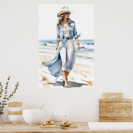 Coastal Cowgirl Blauw, Wit & Denim Waterverf Poster