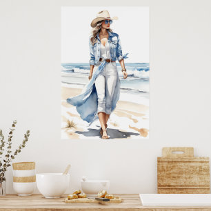 Coastal Cowgirl Blauw, Wit & Denim Waterverf Poster