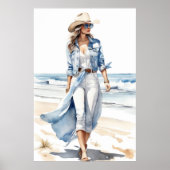 Coastal Cowgirl Blauw, Wit & Denim Waterverf Poster (Voorkant)