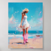 Coastal Cowgirl – Roze laarzen en witte jurk stran Poster (Voorkant)