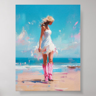 Coastal Cowgirl – Roze laarzen en witte jurk stran Poster
