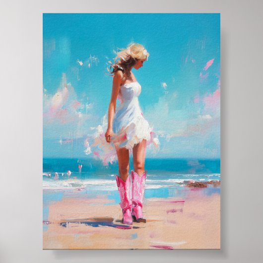 Coastal Cowgirl – Roze laarzen en witte jurk stran Poster (Voorkant)