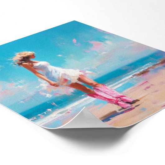 Coastal Cowgirl – Roze laarzen en witte jurk stran Poster (Hoek)