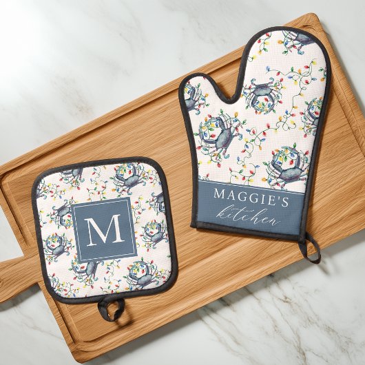 Coastal Crab Christmas Lights Personalized Ovenwant & Pannenlap Set