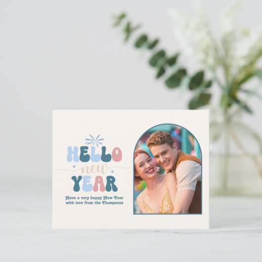 Coastal Cream New Year Retro Modern Blue Photo Feestdagenkaart (Staand voorkant)