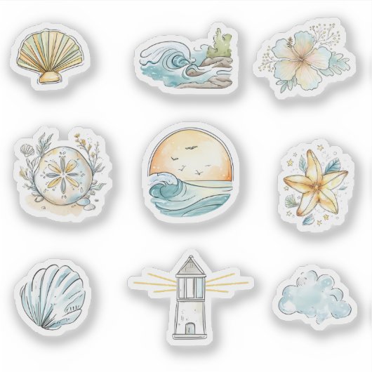 Coastal Dreams - Waterverf Zomer Sticker Set (Voorkant)