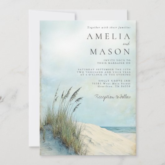 Coastal Dune Sea Grass Beach Wedding Invitation Kaart (Voorkant)