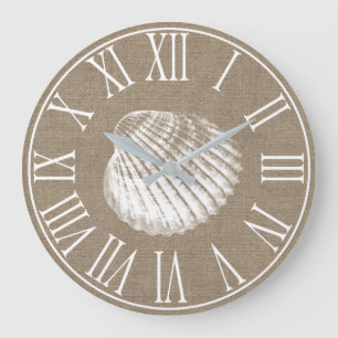 Coastal Elegant Faux Burlap & White Seashell Grote Klok