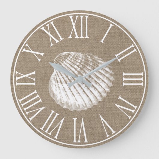 Coastal Elegant Faux Burlap & White Seashell Grote Klok (Voorkant)