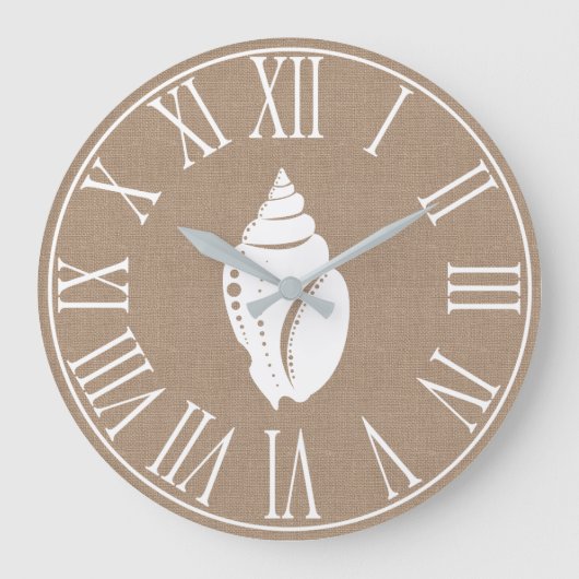 Coastal Elegant Faux Burlap & White Seashell Grote Klok (Voorkant)