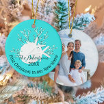 Coastal First Christmas New Home Aqua Blue Foto Keramisch Ornament<br><div class="desc">Vier uw eerste kerst in uw nieuwe huis met dit gepersonaliseerde aqua blue kuststrand thema ornament, met een glitter koraal stuk met zanddollar en zeesterren. Op de achterkant staat een fototemplate. *Als u dit ontwerp op meer producten wilt of ontwerphulp nodig hebt, neem dan contact met me op via Zazzle...</div>