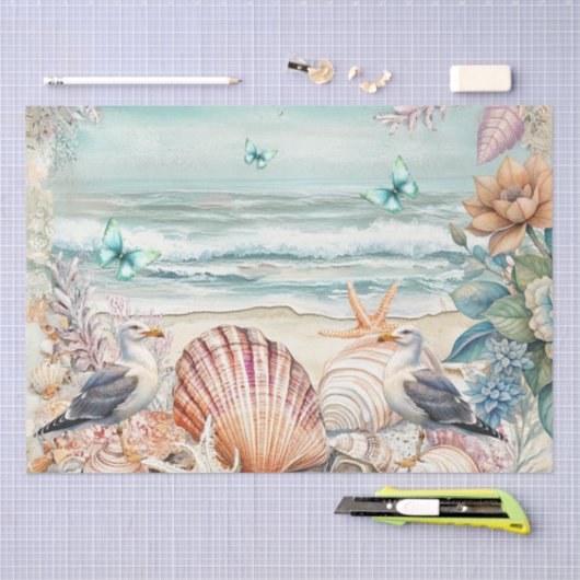 Coastal Floral Seagulls & Seashells Decoupage  Tissuepapier (Craft)