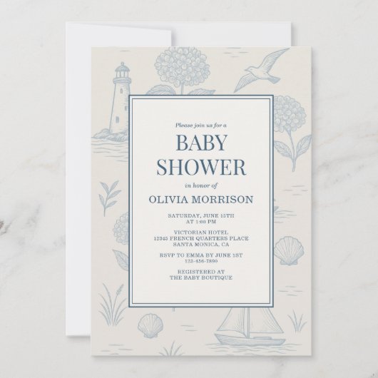 Coastal French Toile Blue Floral Baby Shower Kaart (Voorkant)