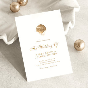 Coastal Gold Seashell & Pearls Beach Wedding Kaart