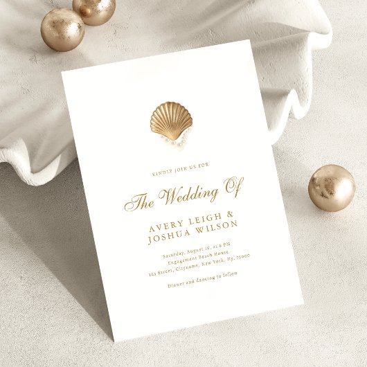 Coastal Gold Seashell & Pearls Beach Wedding Kaart