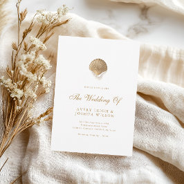 Coastal Gold Seashell & Pearls Beach Wedding Kaart