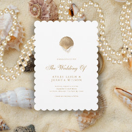 Coastal Gold Seashell & Pearls Beach Wedding Kaart